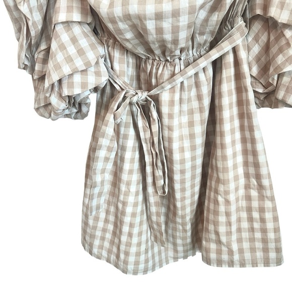 REVOLVE L’Academie The Puff Sleeve Strapless Dress in Taupe Gingham Size Medium - Picture 6 of 6